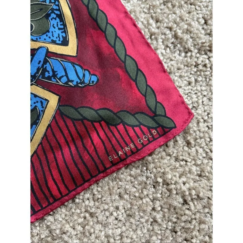 VTG Silk Scarf Elaine Gold Crest Shield Red Gold Equestrian Wrap 50